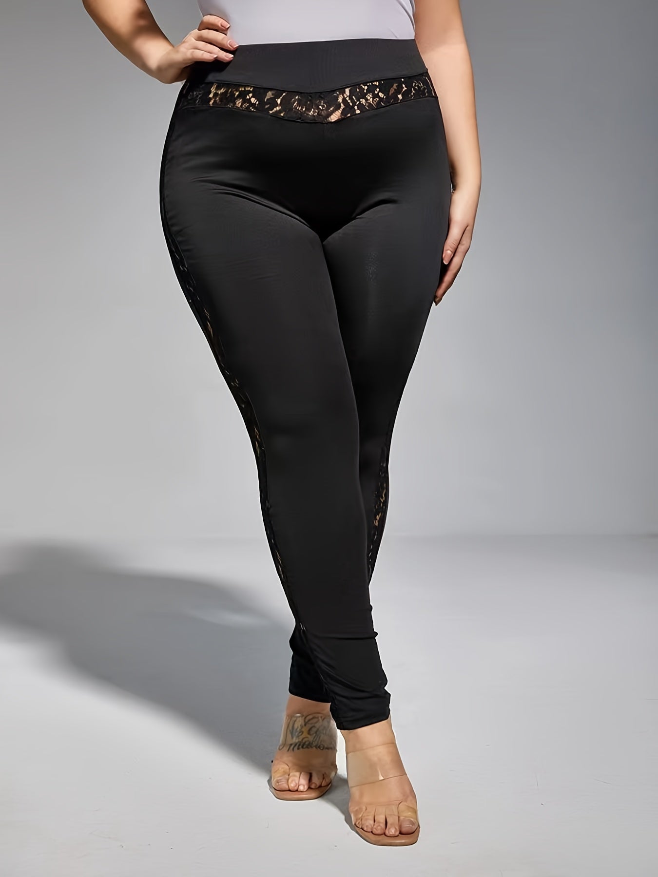 Casual Leggings Solid Lace Panel High Stretch Leggings