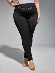 Casual Leggings Solid Lace Panel High Stretch Leggings