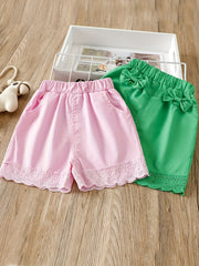 2PCS Toddler Girls Lace Trim Elastic Waist Bow Pocket Casual Shorts