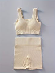 Women's Ribbed U Neck Sports Bra & Shorts Set for Yoga & Fitness