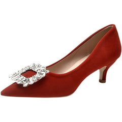 Red Kitten Heel Pumps Pointed Toe Rhinestone Wedding Shoes