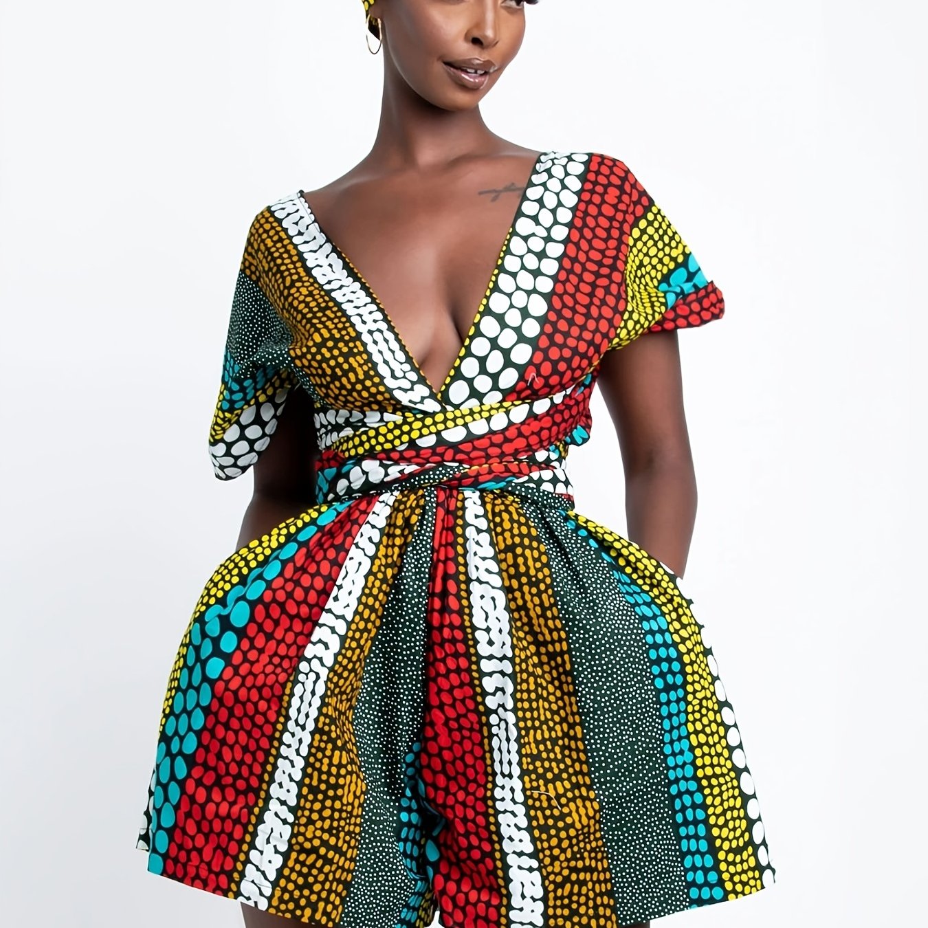 Boho Print Multiple Wear Jumpsuit Ethnic Tie Waist Short Length Jumpsuit Women