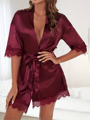 Satin Lace Trim Night Robe Halter V Neck Robe Women's Sleepwear