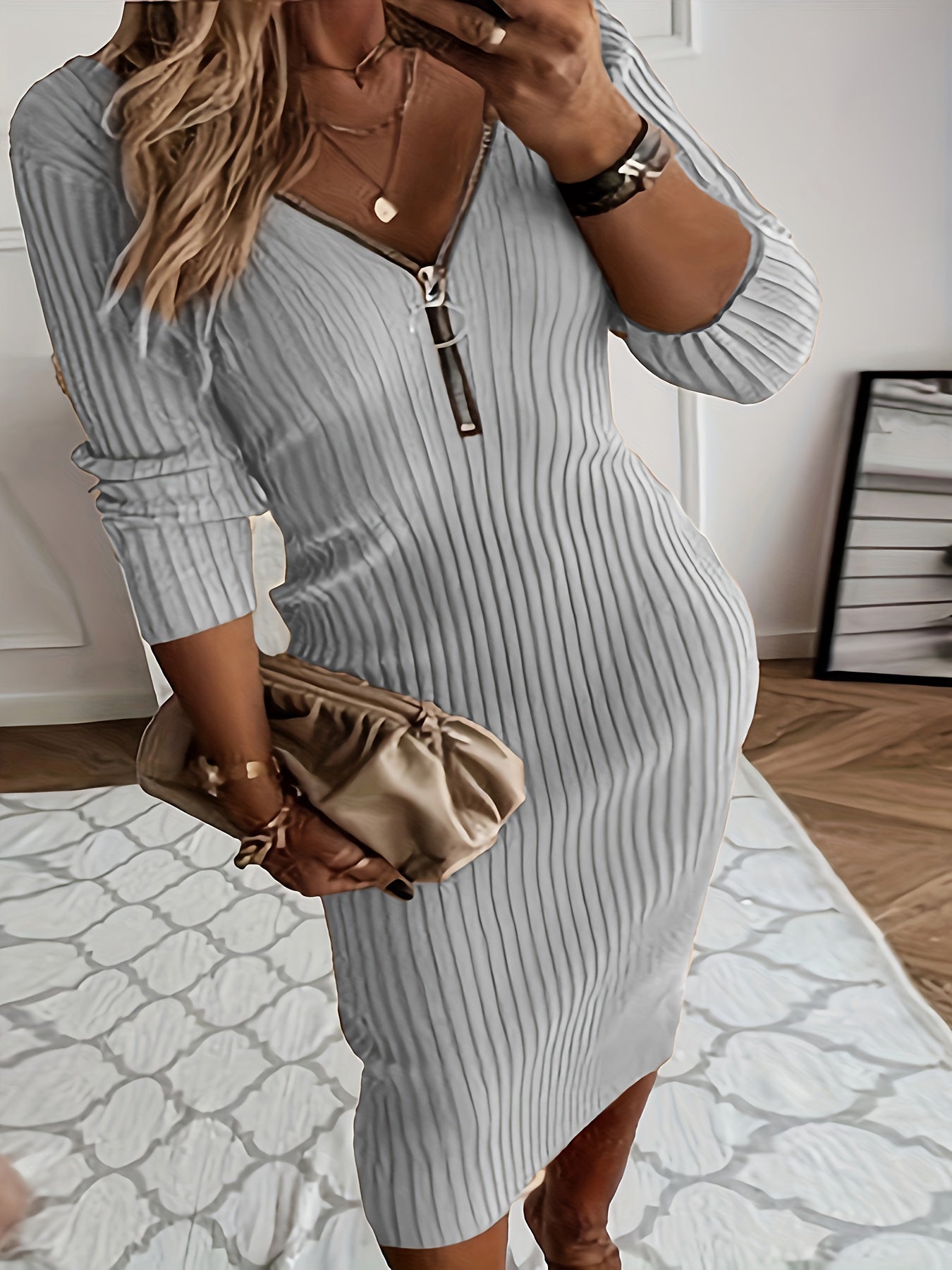 Solid Ribbed Long Sleeve Bodycon Midi Dress