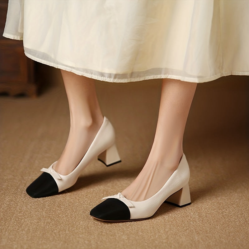 Chic Bowknot Chunky Heels Square Toe Mid Heel Shoes