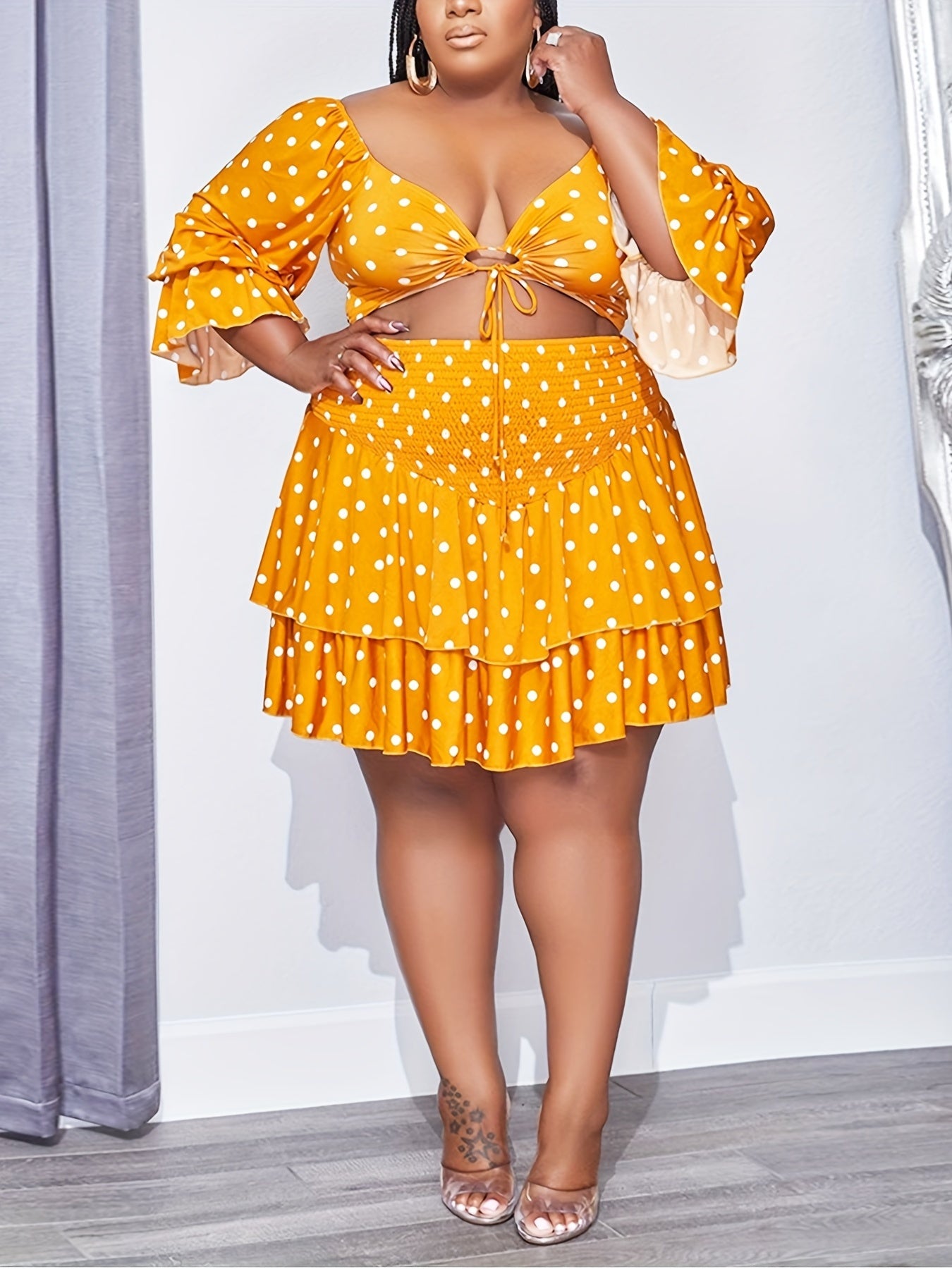Polka Dot Ruffle Trim Crop Top & Shirred Waist Set