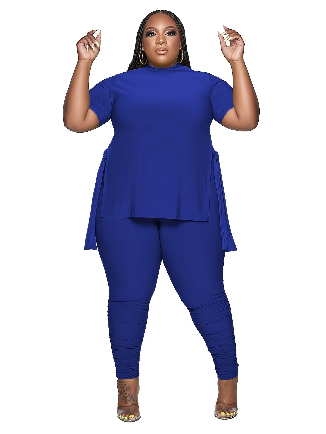 Solid Slit High Neck Short Sleeve Tops & Pants Set