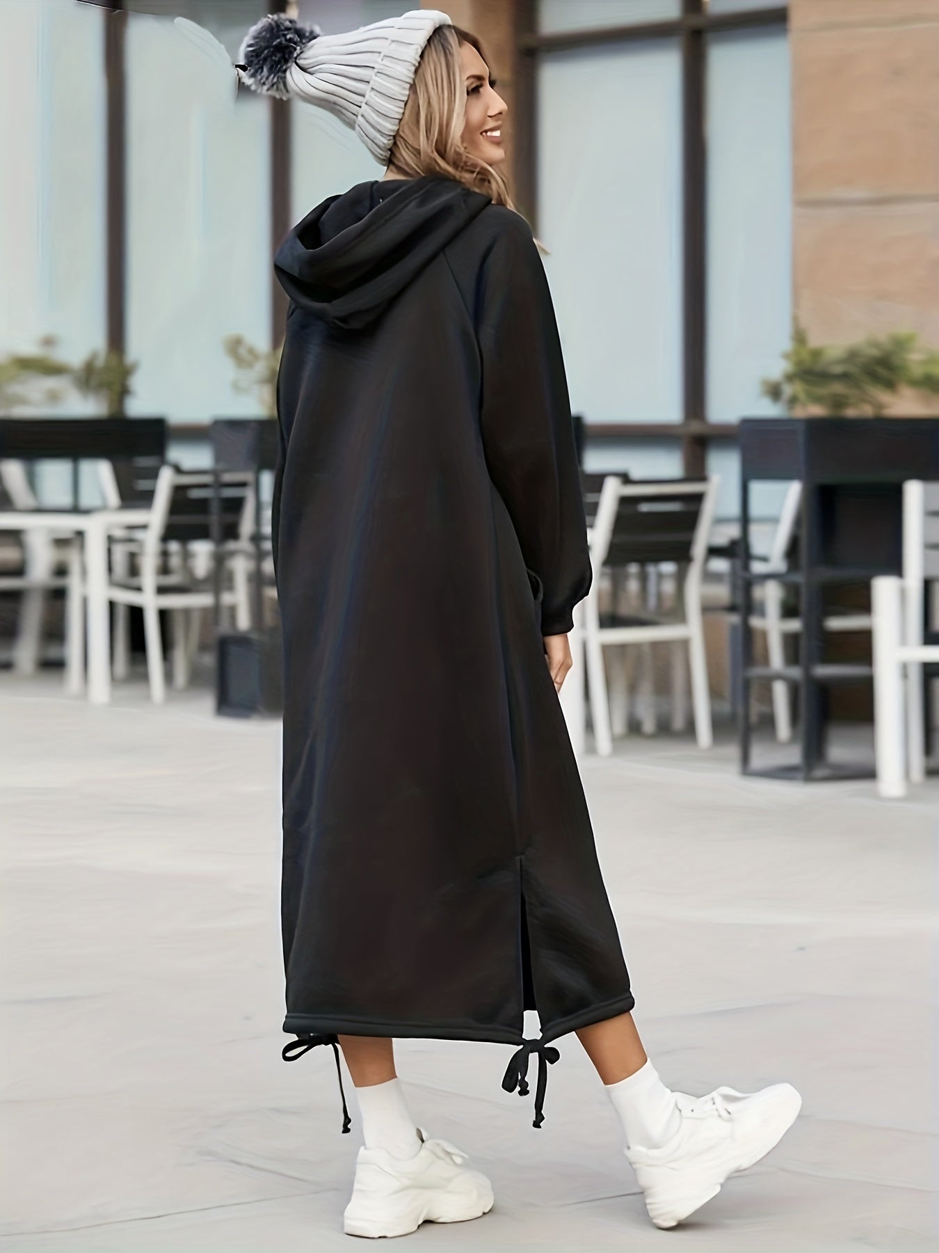 Solid Long Sleeve Hooded Sweatshirt Dress With Pockets