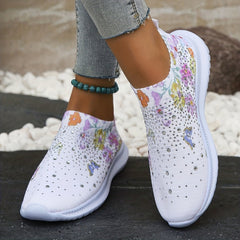 Women's Rhinestone Decor Sock Shoes Butterfly & Floral Print Slip On Shoes