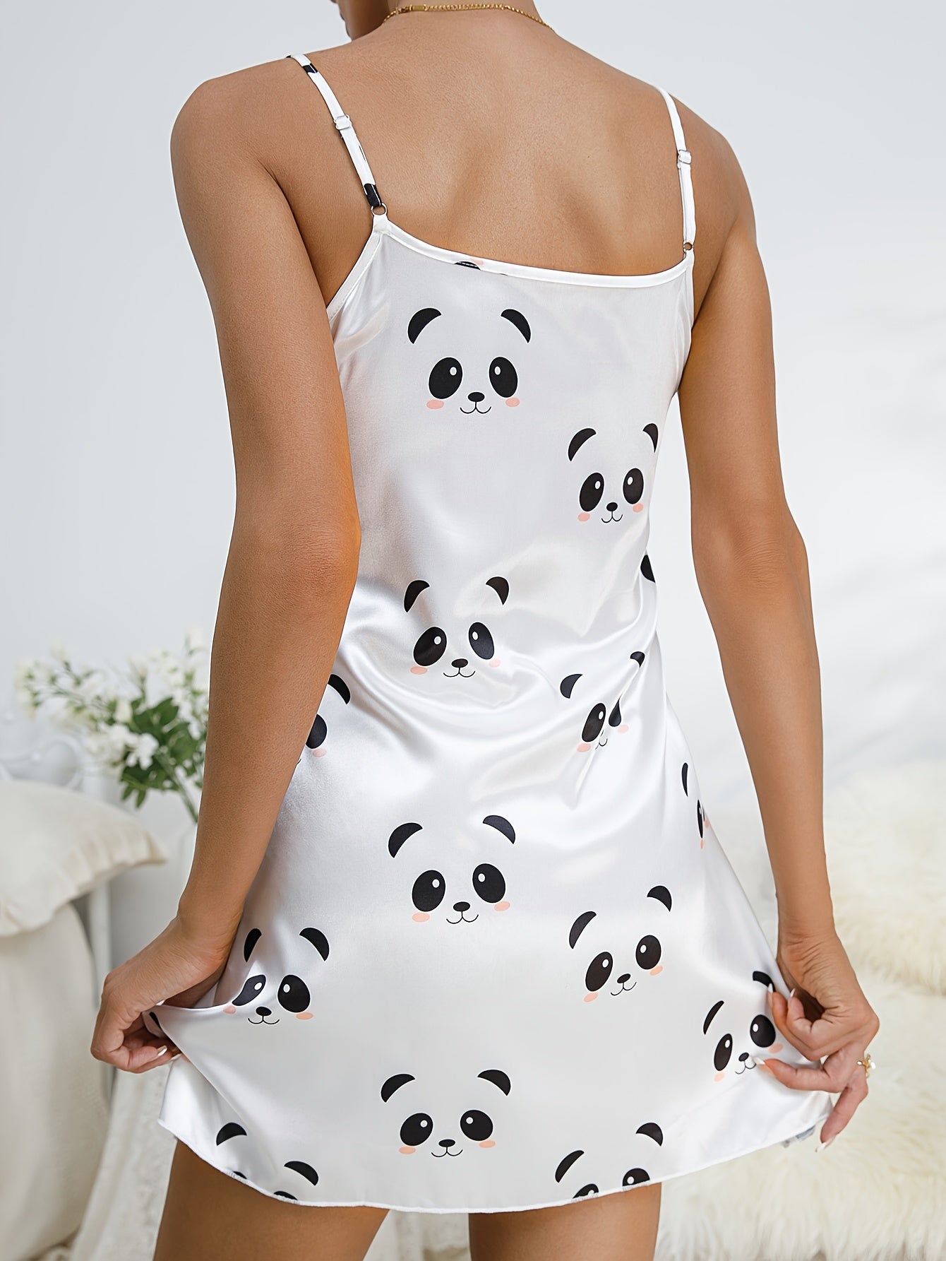 Panda Print Nightdress Crew Neck Sleep Dress Women's Sleepwear