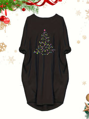 Glitter Christmas Tree Print Long Sleeve Round Neck Baggy Dress
