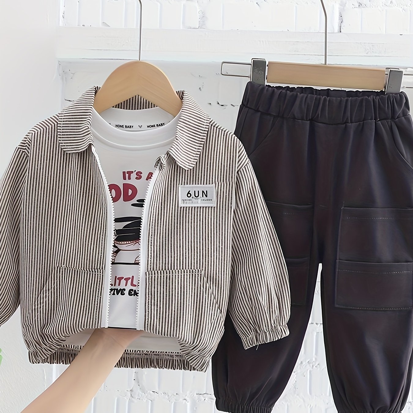 3pcs Boy's Striped Zipper Jacket & Long Sleeve Top & Cargo Pants Set