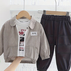3pcs Boy's Striped Zipper Jacket & Long Sleeve Top & Cargo Pants Set