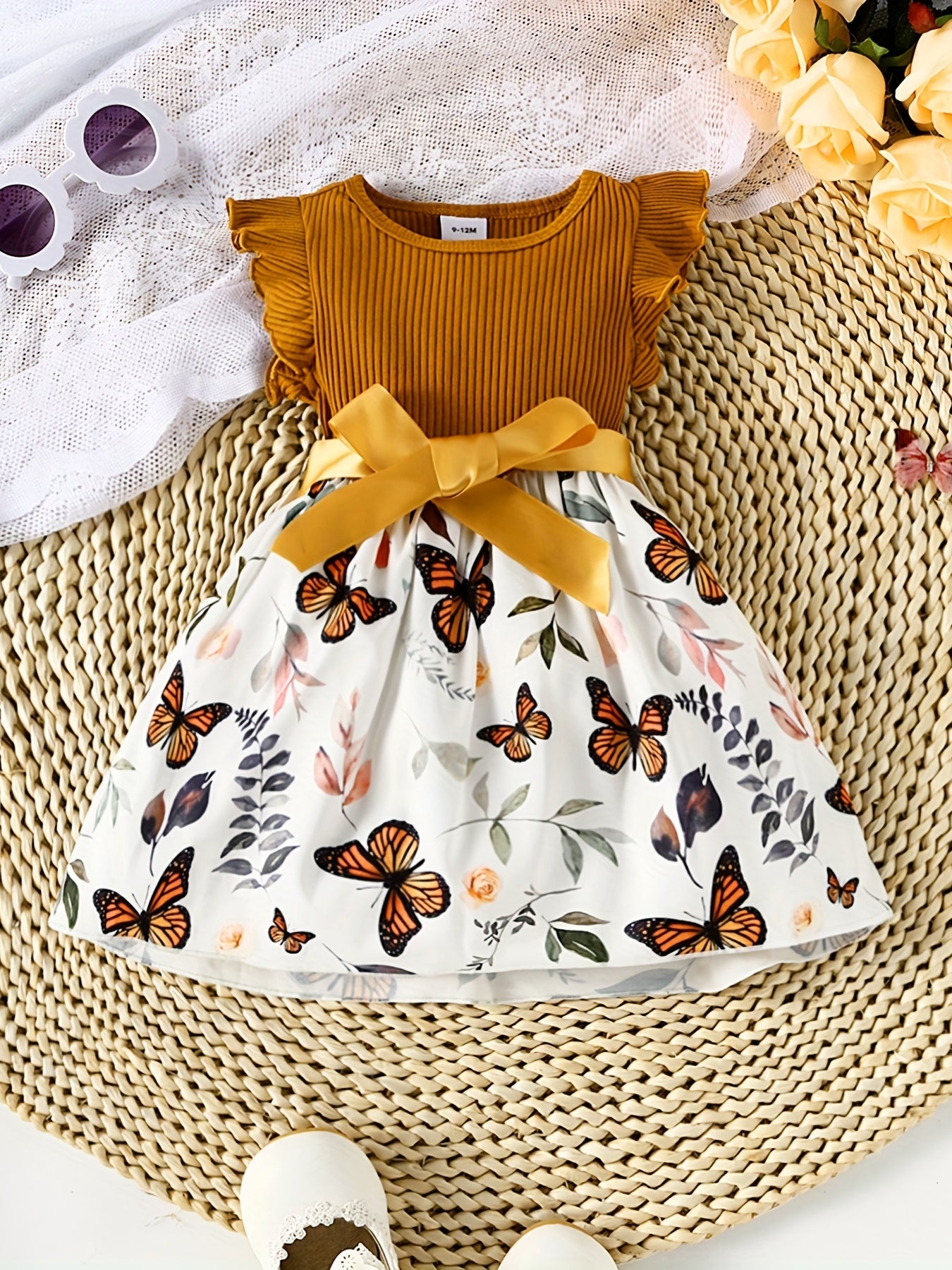 Baby Girls Butterfly Print Ruffle Sleeve Dress Belted Kids Summer Clothes