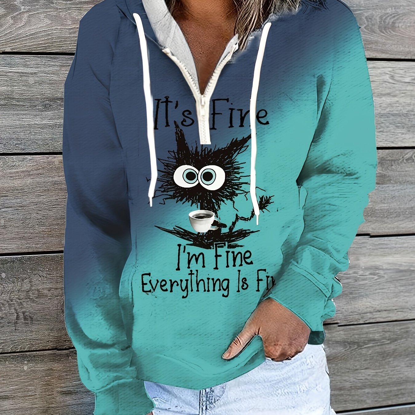 Cat Print Zip Hoodie Long Sleeve Hoodie