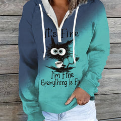 Cat Print Zip Hoodie Long Sleeve Hoodie