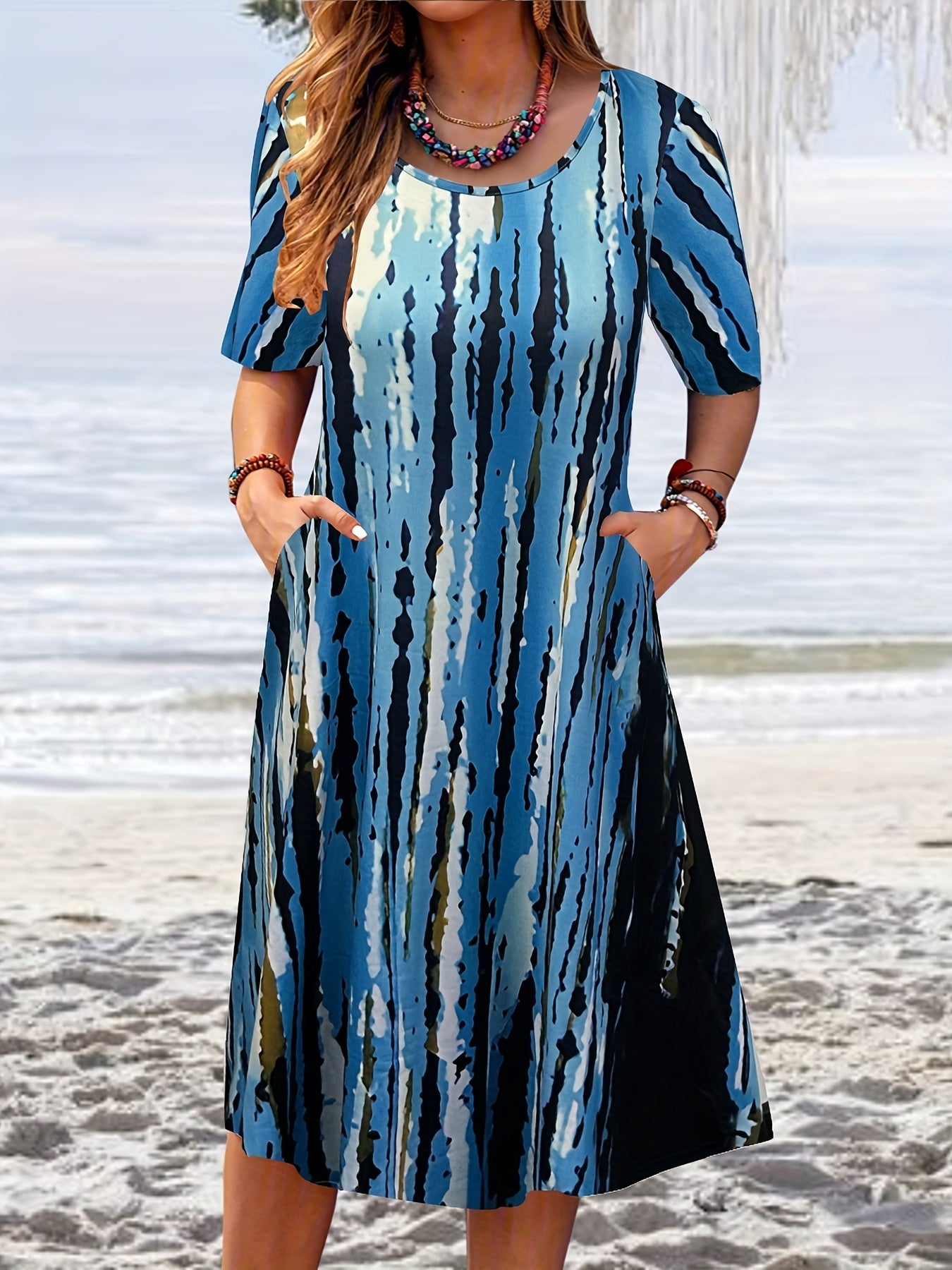 Allover Print Short Sleeve Round Neck Casual Dress With Pockets