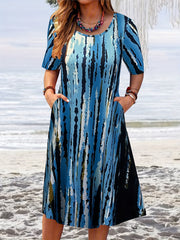 Allover Print Short Sleeve Round Neck Casual Dress With Pockets