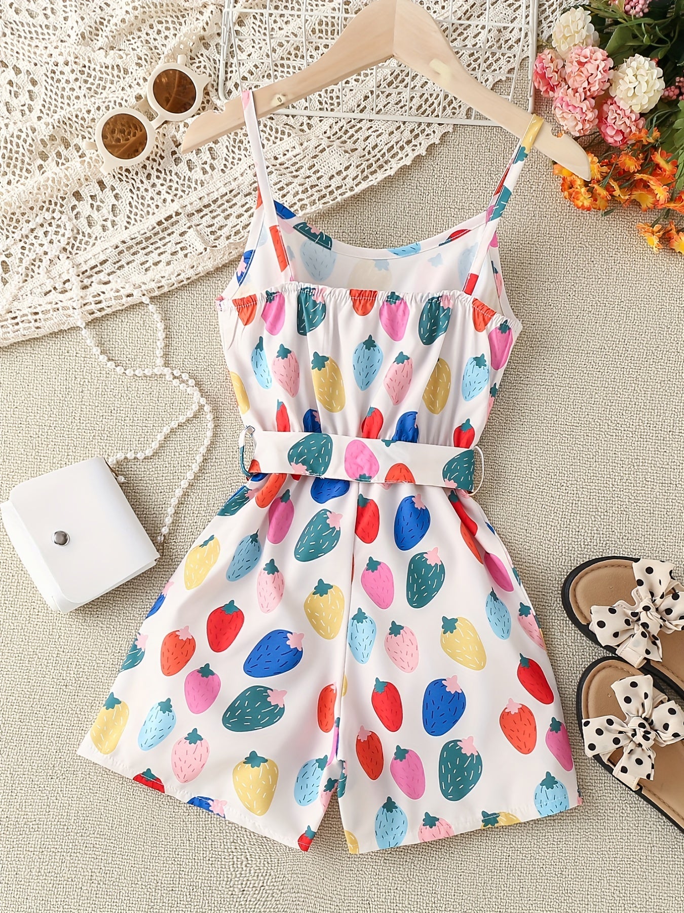 Girls Strawberry Print Suspender Jumpsuit Toddler Kids Summer