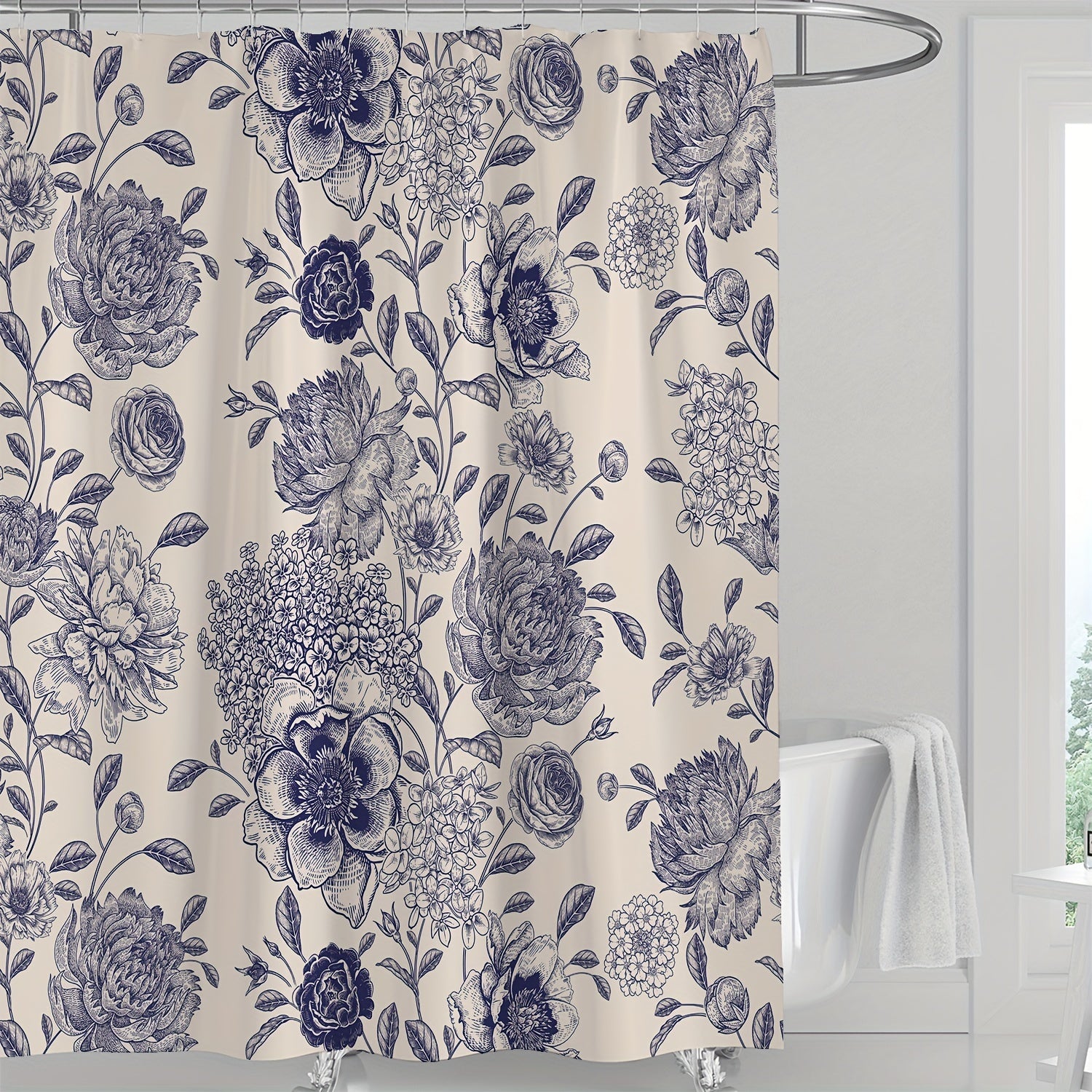 Waterproof Floral Shower Curtain w/ 12 Hooks Bathroom Decor