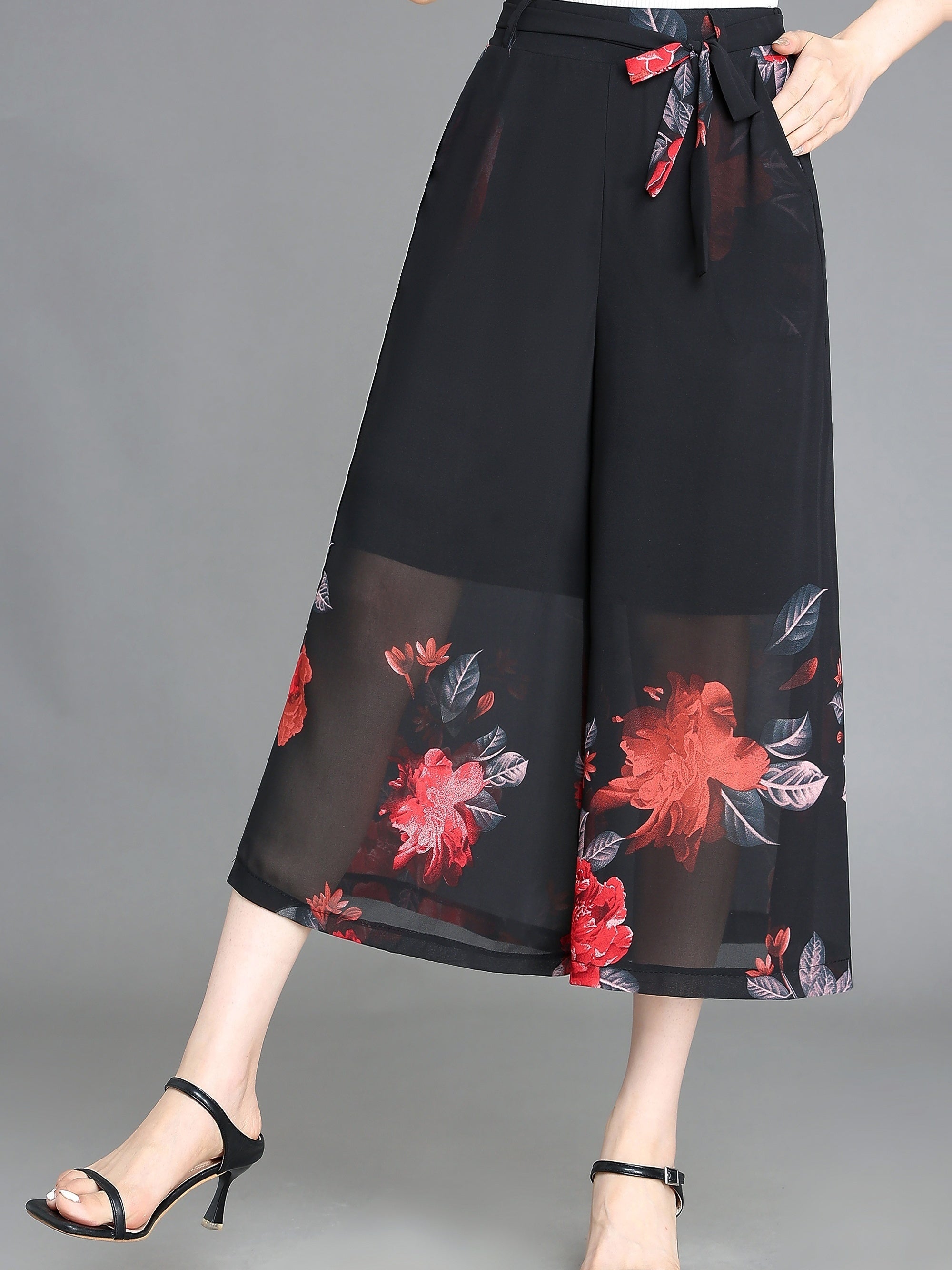 Floral Pattern Chiffon Wide Leg Pants for Women