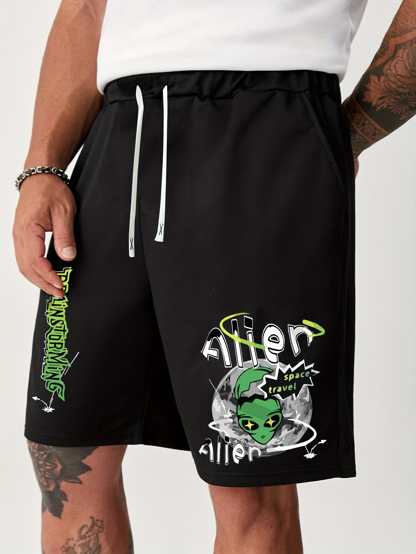Alien Comfy Drawstring Shorts Men's Casual Solid Stretch Elastic Waist Shorts