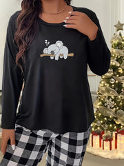 Cartoon Koala Long Sleeve Crew Neck Home Wear Tee