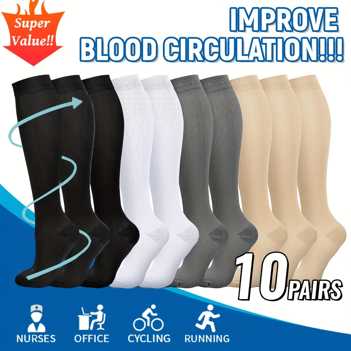 10 Pairs Knee High Copper Compression Socks for Men & Women
