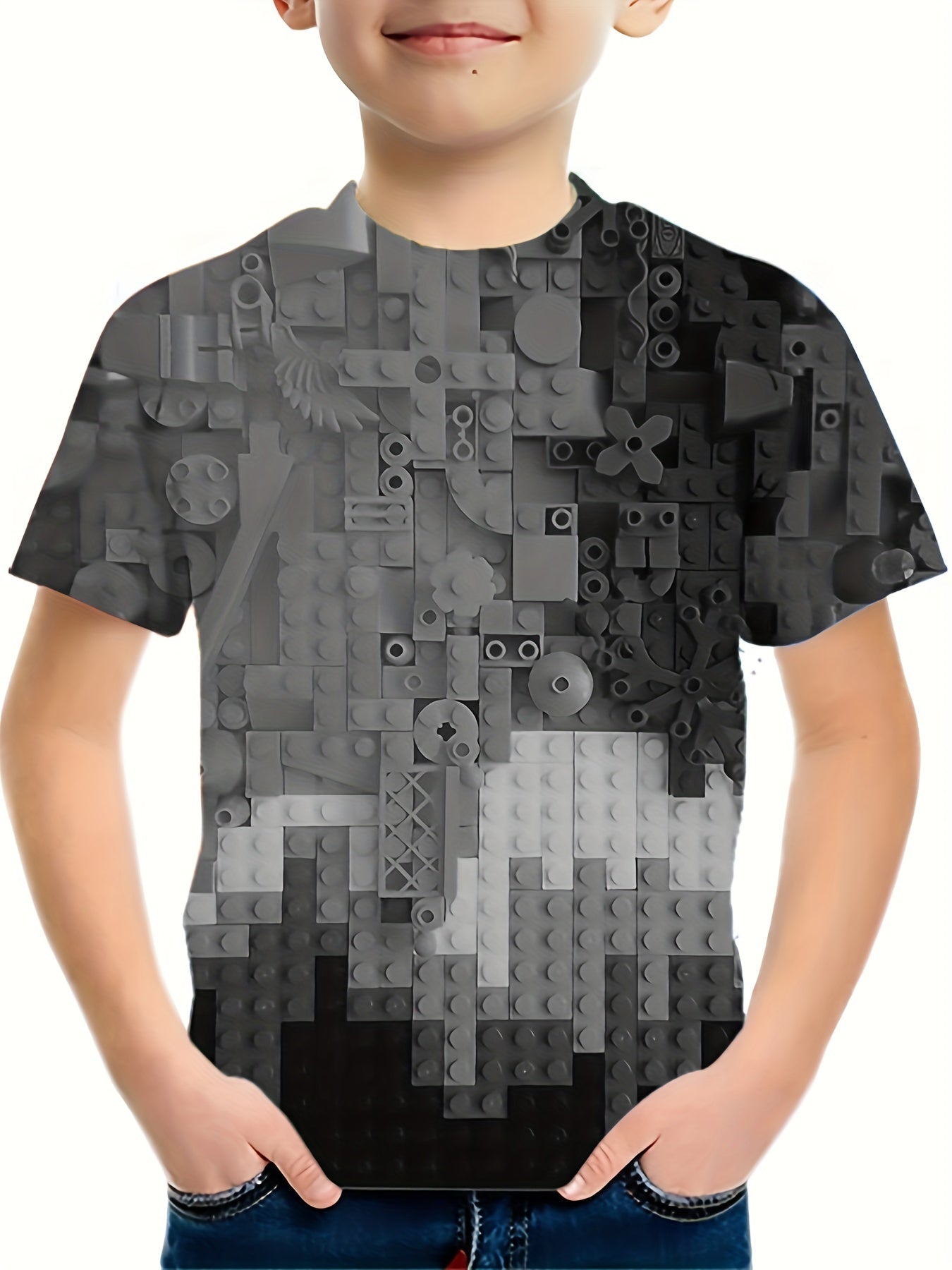 Boys' Gradient Blocks T Shirt Casual & Stretchy Tee For Summer Activities