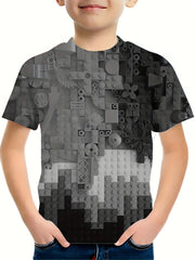 Boys' Gradient Blocks T Shirt Casual & Stretchy Tee For Summer Activities
