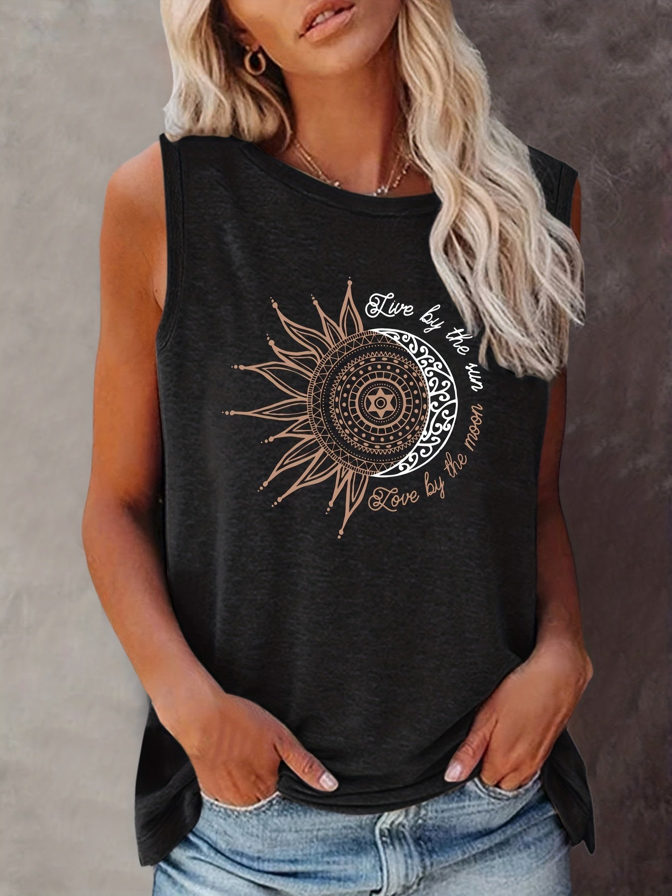 Moon & Sun Print Sleeveless Tank Top for Women