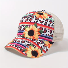Chrysanthemum Print Trucker Hat Boho Mesh Baseball Cap