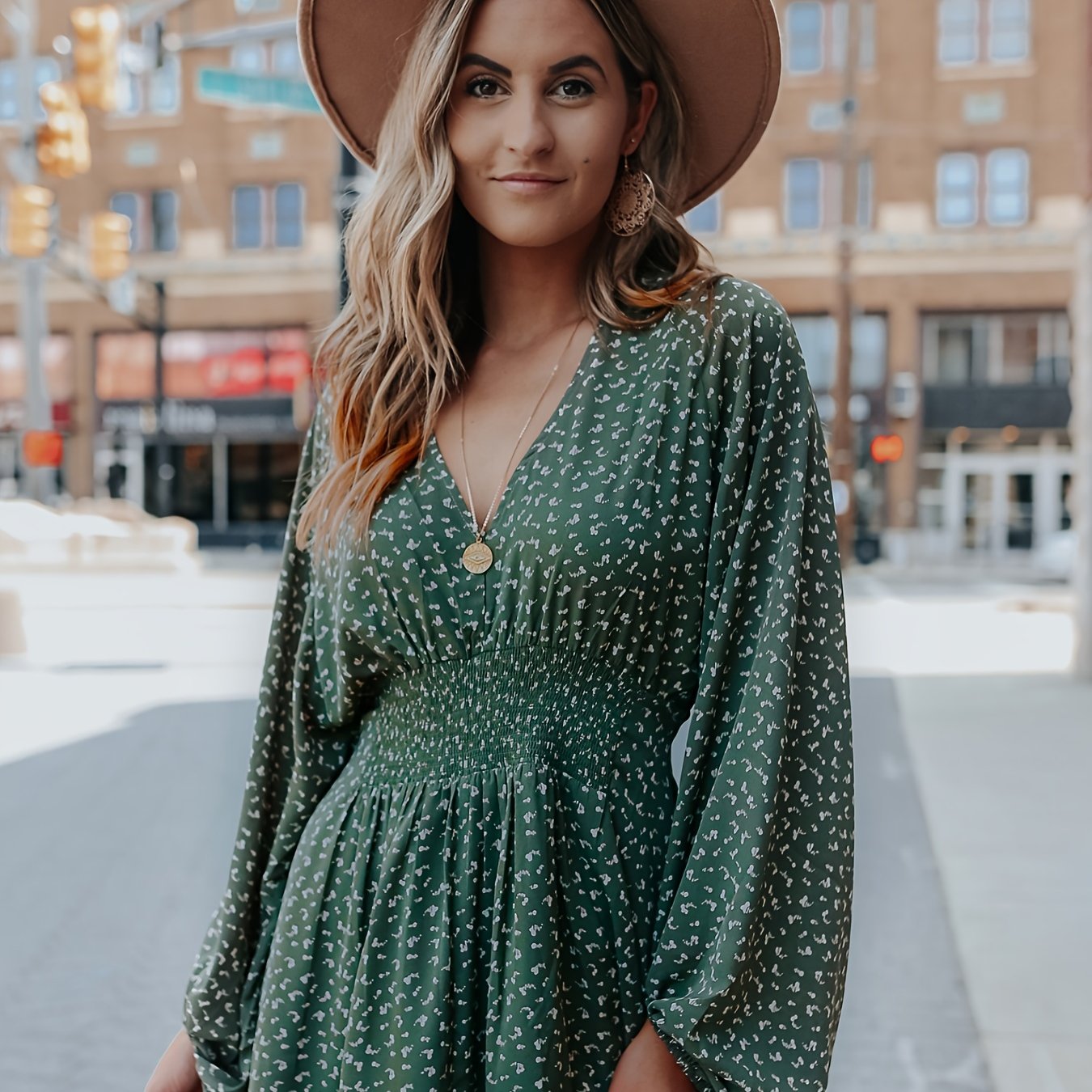 Casual Dress Women's Plus Ditsy Print Lantern Sleeve Dress