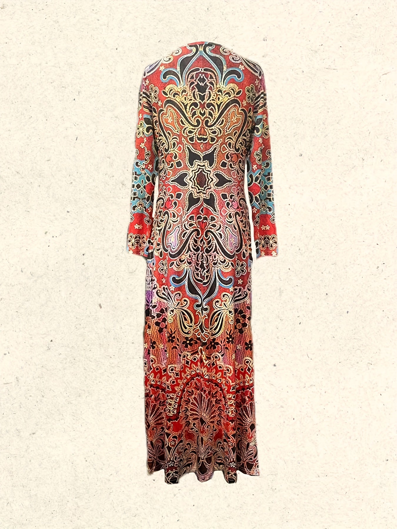 Ethnic Floral Print Maxi Dress V Neck Long Sleeve