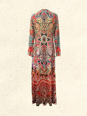 Ethnic Floral Print Maxi Dress V Neck Long Sleeve