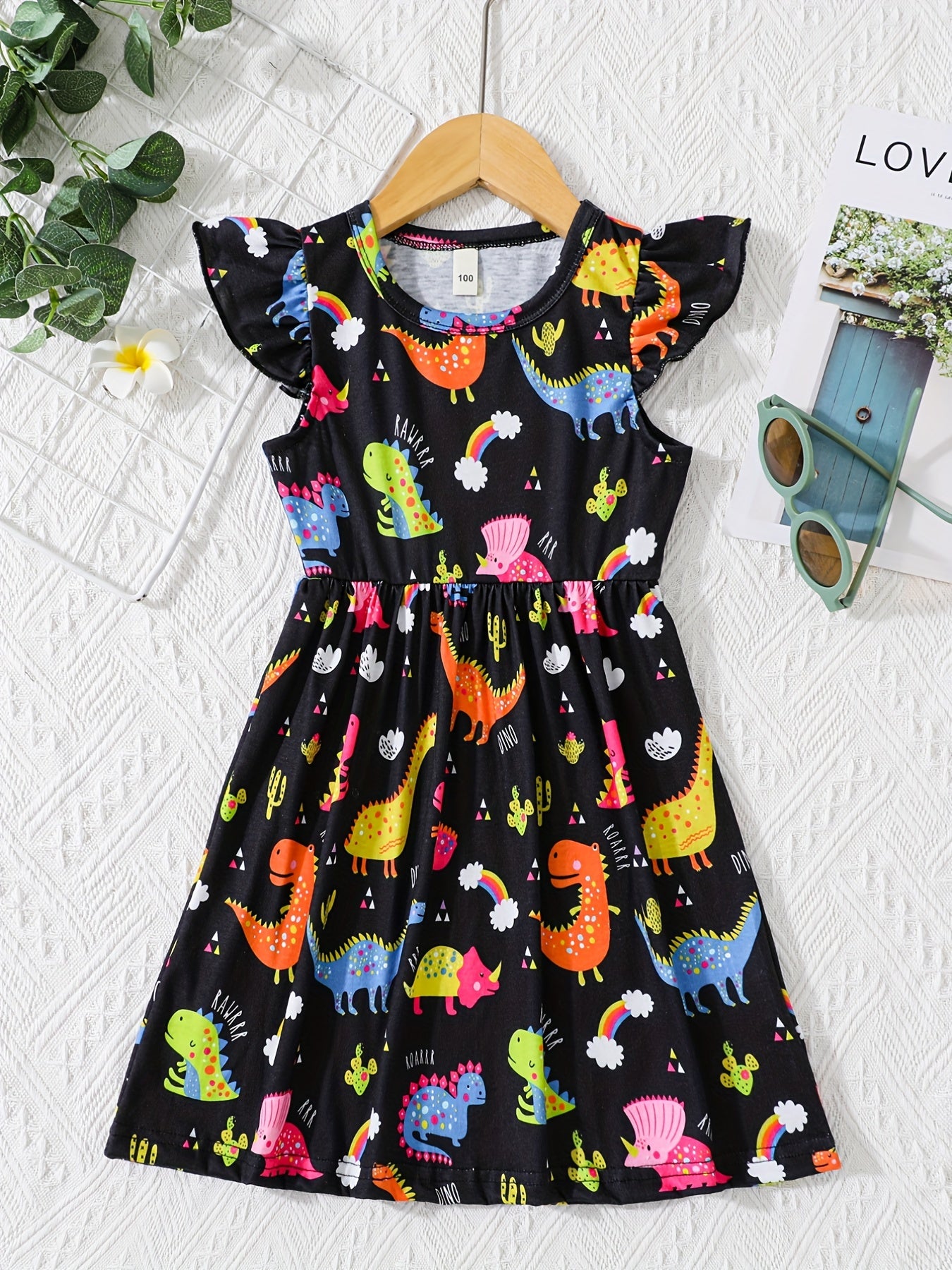Girls' Fun Dino Cartoon Dress Short Sleeve Comfy Casual Party Vacation Kids Gift