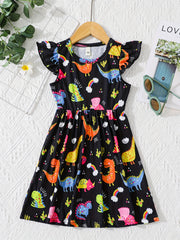 Girls' Fun Dino Cartoon Dress Short Sleeve Comfy Casual Party Vacation Kids Gift