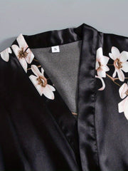 Floral Print Deep V Night Robe with Belt