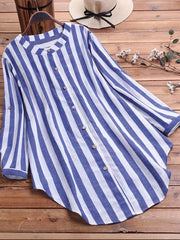 Plus Stripe Print Button Up Round Neck Long Sleeve Blouse