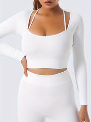 Women's Ribbed Yoga Set Long Sleeve Halter Top & Leggings for Workout