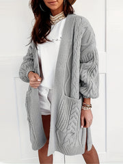 Solid Jacquard Lantern Sleeve Open Front Cardigan