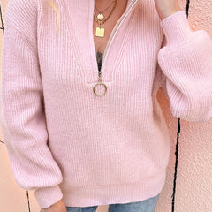 Solid Knit High Neck Zipper Sweater