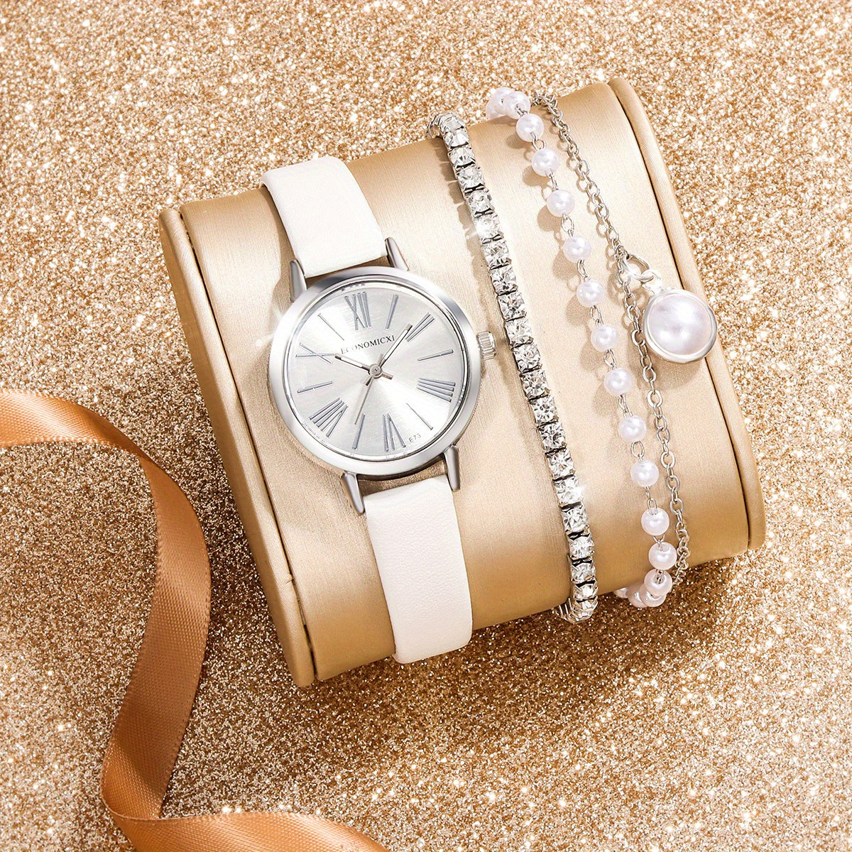 Women's Leather Quartz Watch & Rhinestone Bracelet Set