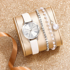 Women's Leather Quartz Watch & Rhinestone Bracelet Set
