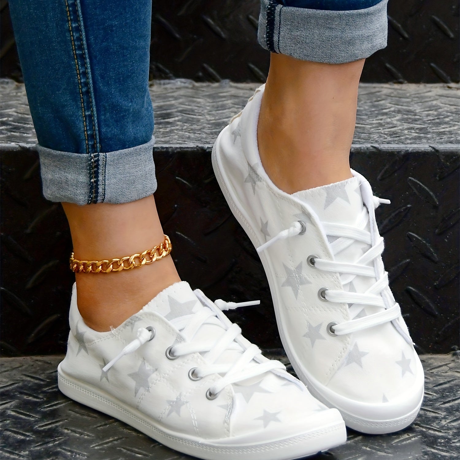Star Pattern Skate Shoes Lace Up Lightweight Running Shoes Women's