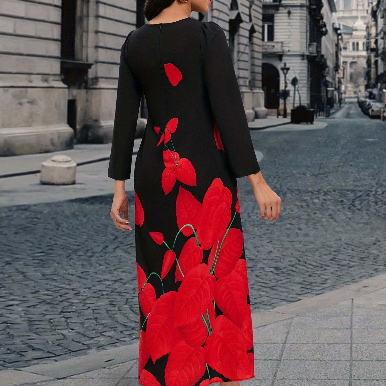 Plant Print V Neck Dress Long Sleeve Maxi Dress Women's Clothing