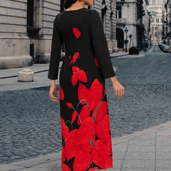 Plant Print V Neck Dress Long Sleeve Maxi Dress Women's Clothing