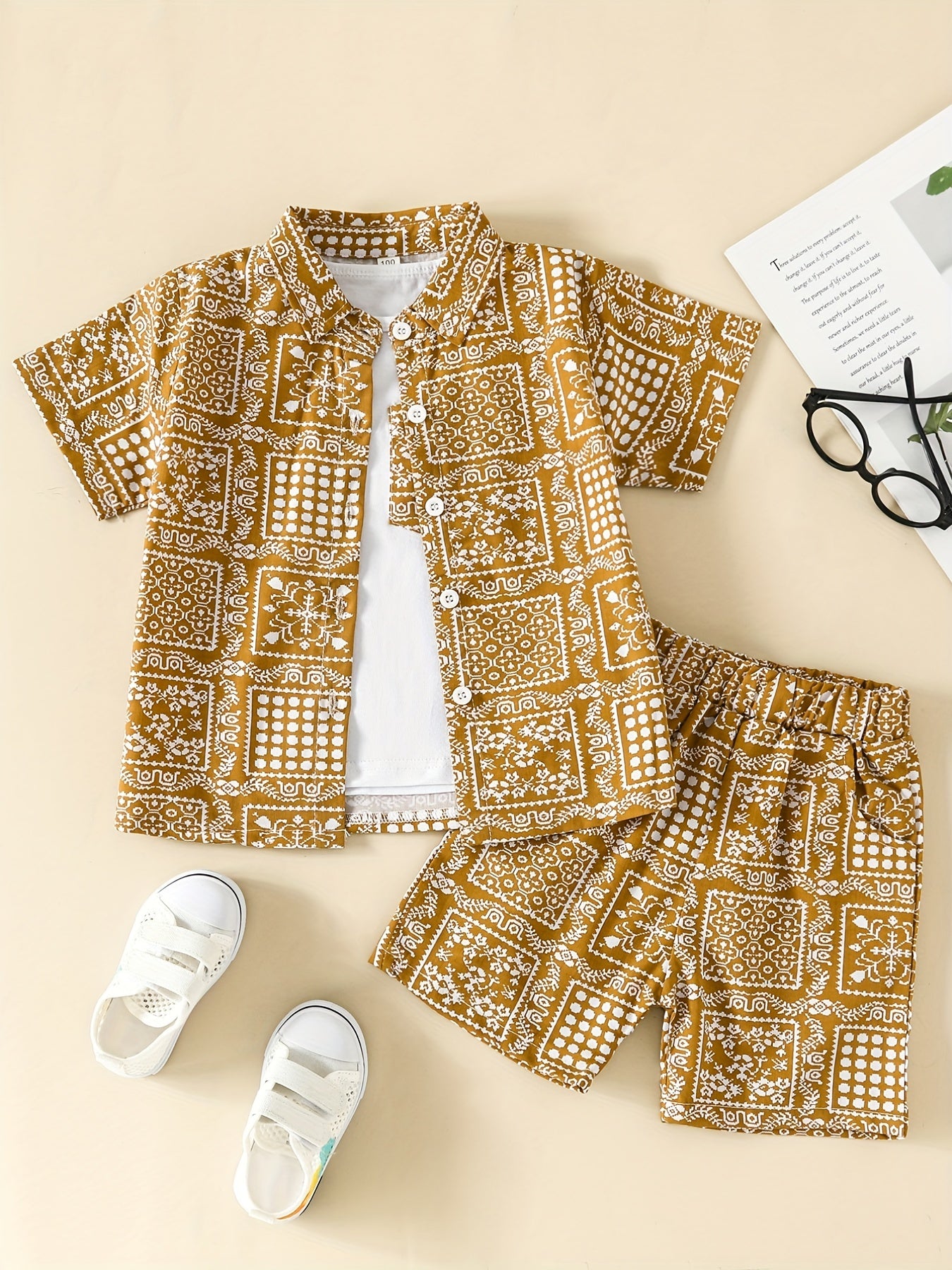 Boys Allover Print Outfit Short Sleeves Shirt & T shirt & Shorts