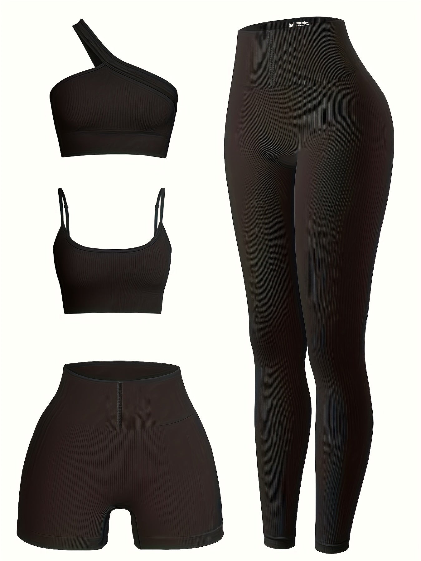 4pcs Yoga Sets Cami Sports Top One Shoulder Crop Top High Waist Shorts & Legging