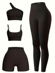4pcs Yoga Sets Cami Sports Top One Shoulder Crop Top High Waist Shorts & Legging